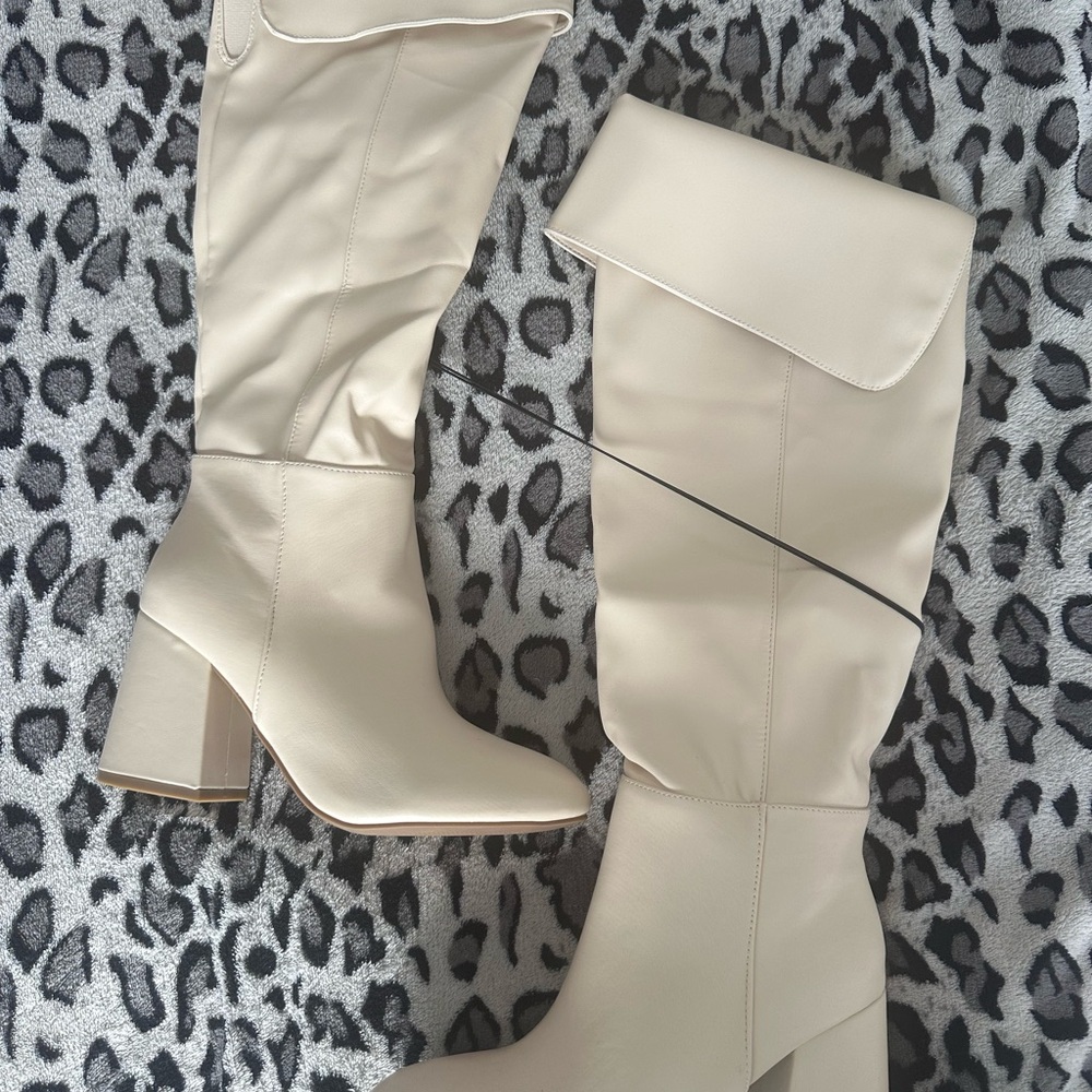 Elegant Cream Knee-High Block Heel Boots